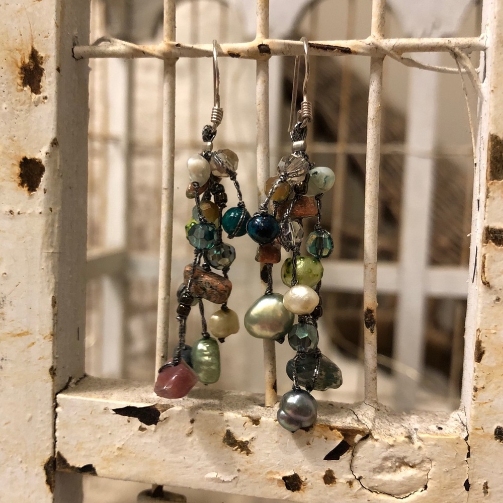 Green pearl and stone dangle earrings